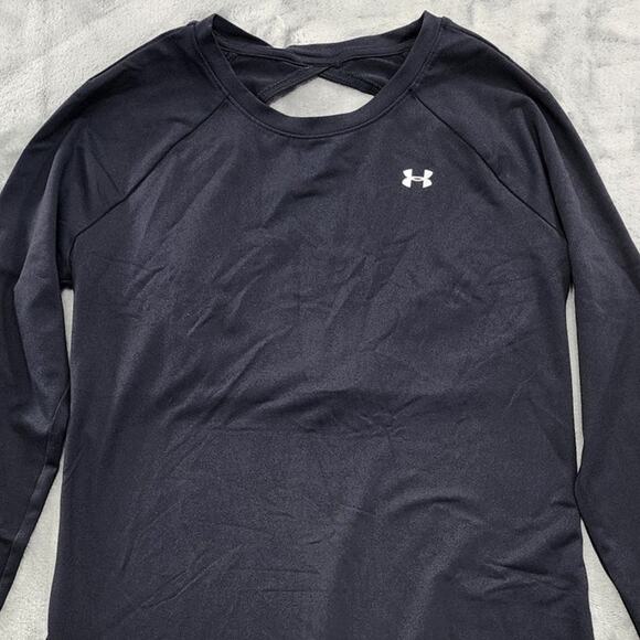 Under Armour Top Womens L‎ Black Heat Gear Fitted Open Back Long Sleeve Running - Picture 2 of 8